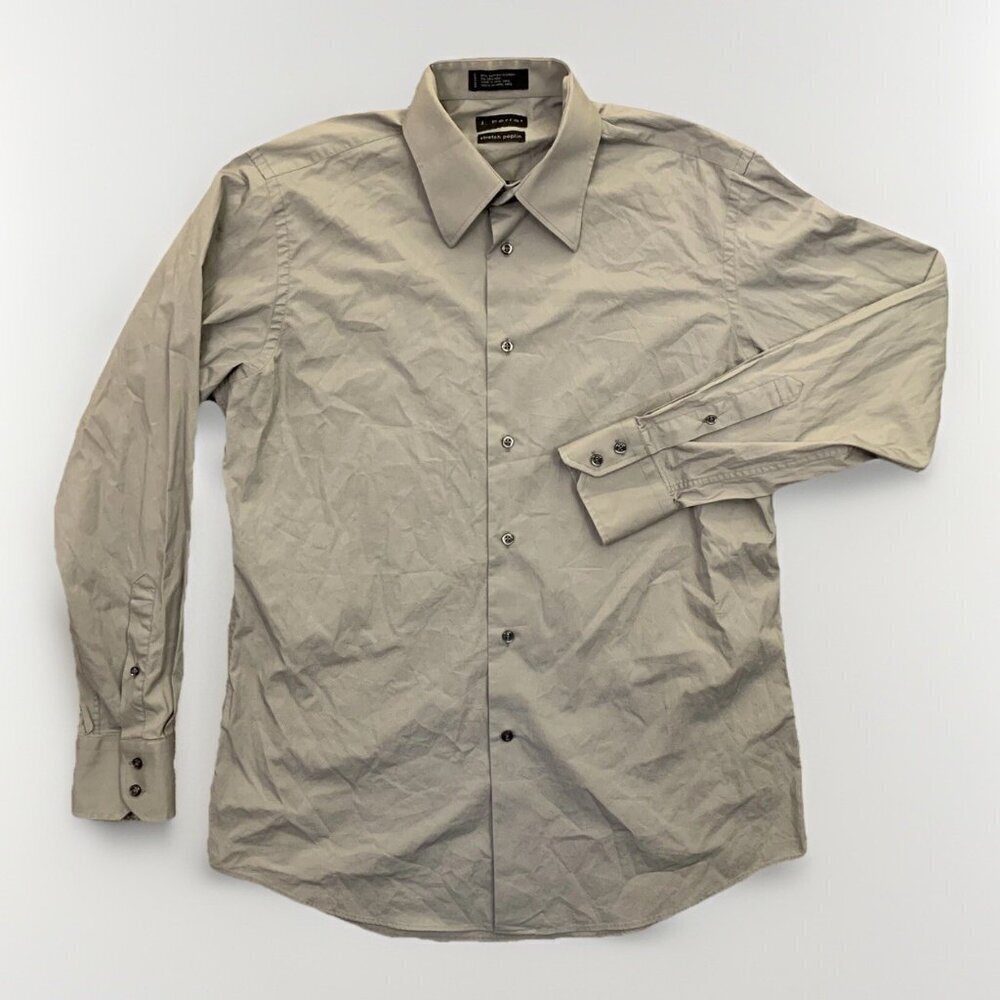 J Ferrar Men's Button Up Shirt Size 16 Gray Stretch Poplin Long Sleeves GUC